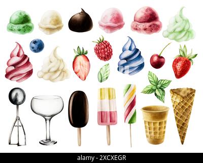 Schaufeln mit Erdbeere, Himbeere, Minze, Pistazien, Apfel, Milch, Schokolade, Vanilleeis und knusprige Waffelkegel, Eis, Glasschale. Handmalerei Stockfoto