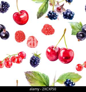 Hintergrund mit lebhaftem Beerenmuster mit Brombeeren, Himbeeren und roten Johannisbeeren Stockfoto