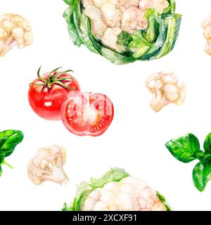 Erstellen Sie ein künstlerisches Muster mit handgezeichnetem Blumenkohl, Tomate und Basilikum in einem farbenfrohen Design Stockfoto