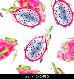 Buntes Drachenfrucht-Aquarellmuster auf weißem Hintergrund, ideal für tropische Designprojekte Stockfoto
