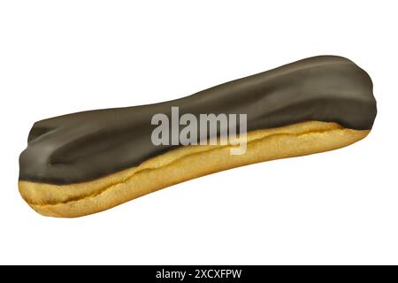 Eclair-Kuchen mit Schokolade isoliert auf weißem Hintergrund Stockfoto