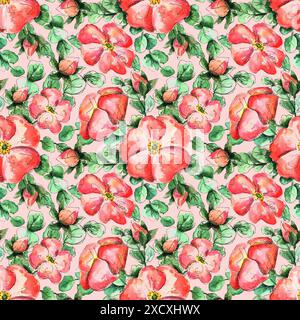 Nahtloses Aquarellmuster mit handgezeichneten Korallenblüten für Ihren Druck und Ihr Textildesign. Scharlachrote Blüten und Knospen, grüne Hagebuttenblätter Stockfoto