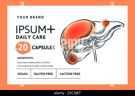 Hepatitis-Krankheit, Entzündung, Schmerzkonzept. Kapseln oder Pillen Verpackung, Etikett, Aufkleber, Banner Design Vorlage. Vektor-handgezeichnete Skizze menschliche Leber Stock Vektor
