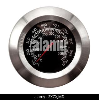 Rundes Thermometer auf weißem Hintergrund. Temperaturmessgerät isolieren Stockfoto