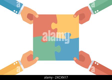 Hände setzen Puzzle zusammen. Teamwork-Ideenkonzept. Vektorabbildung Stock Vektor