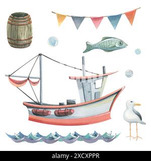 Fischerboot mit einem Mast, einem Holzfass, einem Fisch, Fahnen, Wellen, eine Möwe und Blasen. Handgezeichnete Aquarellillustration zum Thema Seefischen Stockfoto