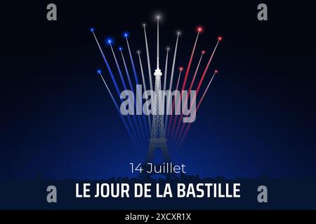 Banner 14. juli bastille Tag in frankreich, Poster mit französischem bunten Feuerwerk auf dunklem Himmel Hintergrund. Feuerwerk frankreich Flagge. Französischer Nationalfeiertag Stock Vektor