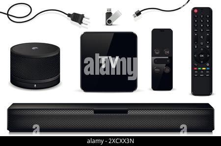 TV Set-Top-Box, Soundbar, Smart Speaker, Fernbedienung und usb-Flash-Laufwerk. Vektorabbildung. Stock Vektor