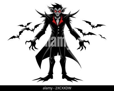 Schwarze Silhouette eines Vampirs mit Fledermäusen auf weißem Hintergrund. Das Konzept von Halloween-Monster, Gothic-Kreatur, Horror-Ikone, minimalistischem Stil, gruseligen ch Stock Vektor