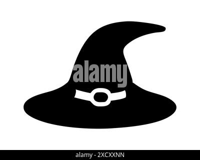Schwarze Silhouette eines Hexenhutes isoliert auf weißem Hintergrund. Spitzer Hut des Zauberers. Konzept des Halloween-Accessoires, magisches Symbol, minimalistischer Stil, fe Stock Vektor