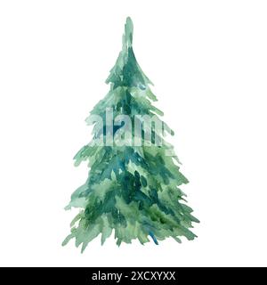 Weihnachtsbaum, grün, in einem einfachen Stil. Handgezeichnete Aquarellillustration isoliert auf weißem Hintergrund. Für Neujahrsgrußkarten, Einladungen, b Stockfoto
