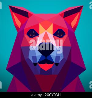 Farbenfroher Bärenkopf in flachem Poly-Stil mit blauem Hintergrund, farbenfrohem, flachem, surrealem Design. Vektorkunst, Sots-Kunst, Low Poly, kubo-Futurismus, Aufkleber Stock Vektor