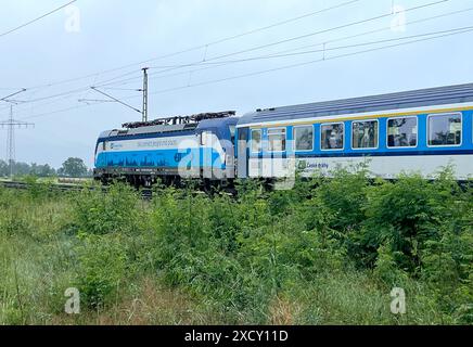 19. Juni 2024, Brandenburg, Prösen: Die Eurocity auf dem Weg nach Prag wurde auf dem offenen Gleis gestrandet, nachdem ein Baum auf die Freileitung fiel. Ein Gewitter verursachte am Dienstagabend an einigen Stellen beträchtliche Schäden. Foto: Andreas Richter/dpa Stockfoto