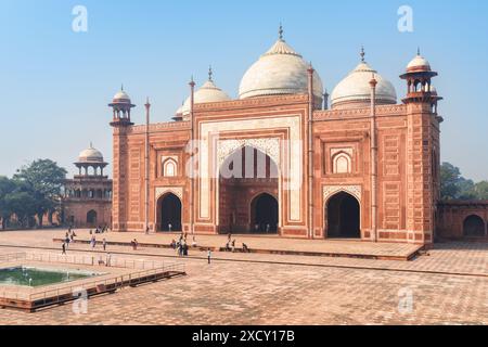 Die Kau Ban Moschee des Taj Mahal Komplexes auf blauem Himmel Hintergrund in Agra, Indien. Fantastisches Gebäude aus rotem Sandstein, das sich im Wasser des Pools spiegelt. Stockfoto