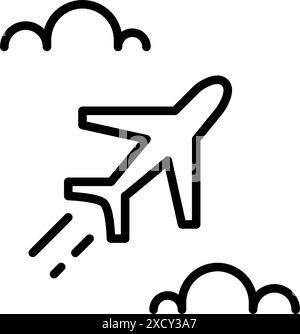 Das Flugzeug fliegt in flauschigen Wolken. Reise-, Abenteuer-, Tourismusbüro- und Urlaubsplanung. Pixel Perfect Vektor-Symbol Stock Vektor