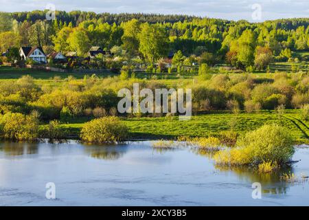 Die Küstenlandschaft des Sorot River wurde an einem sonnigen Sommertag fotografiert. Das russische Dorf liegt im Hintergrund Stockfoto