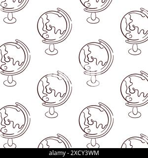 Globus auf dem Ständer für nahtloses Schreibtischmuster im Line Art-Stil. Handgezeichnete Schulgeräte. Vektorillustration auf weißem Hintergrund. Stock Vektor