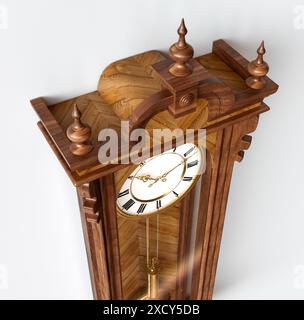 Eine antike, an der Wand montierte Großvateruhr aus Holz mit römischen Ziffern und einer Glastür auf weißem Hintergrund - 3D-Rendering Stockfoto