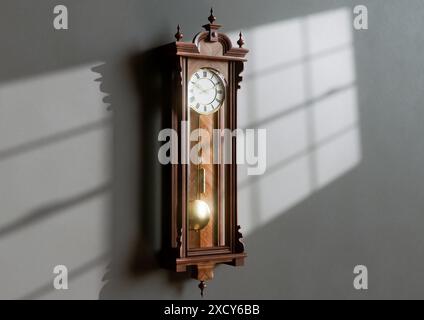 Eine antike, an der Wand montierte Großvateruhr aus Holz mit römischen Ziffern und einer Glastür auf einem schwach beleuchteten Innenhintergrund - 3D-Rendering Stockfoto