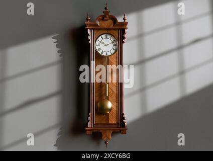 Eine antike, an der Wand montierte Großvateruhr aus Holz mit römischen Ziffern und einer Glastür auf einem schwach beleuchteten Innenhintergrund - 3D-Rendering Stockfoto