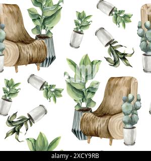 Boho-Holzstuhl mit Töpferwaren, Pflanzen und nahtlosem Muster mit KaktusAquarellen. Florismushintergrund mit grünen Pflanzen in Keramiktöpfen für wa Stockfoto