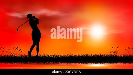 Eine Frau spielt Golf vor dem Hintergrund des Himmels und der Sonne. Golfer vor dem Hintergrund eines roten Sonnenuntergangs. Stock Vektor