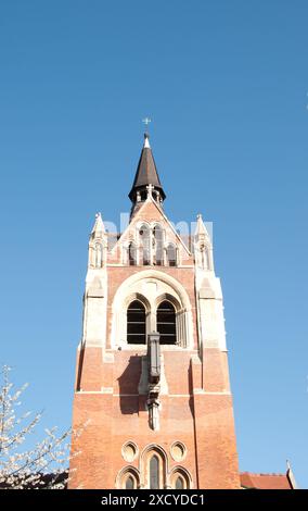 Steeple, Union Chapel, Islington, London, Großbritannien. Union Chapel ist eine funktionierende Kirche, Live-Unterhaltung und Wohltätigkeitszentrum für Obdachlose. Stockfoto