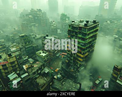 Luftaufnahme eines dicht besiedelten Stadtgebietes mit Hochhäusern, die von Nebel und Nebel umhüllt sind. Stockfoto