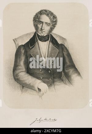 Juan Alvarez de Mendizábal (1790-1853). Spanischer Politiker und Finanzier, der in der spanischen liberalen Revolution große Bedeutung hatte. Im Juli 1835 wurde er vom Grafen von Toreno zum Finanzminister ernannt, von dem er die Beschlagnahme der Besitztümer der katholischen Kirche förderte. Hochformat. Zeichnung von José Cuevas. Lithographie. Historia de la guerra Civil y de los partidos liberal y carlista (Geschichte des Bürgerkriegs und der liberalen und karlistischen Parteien), von Antonio Pirala. Band II. Madrid, 1868. Autor: José Cuevas (1844-ca. 1929-1930). Spanischer Künstler. Stockfoto