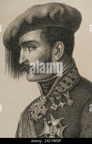 Tomás Zumalacárregui (1788-1835). Spanisches Militär. Bei Ausbruch des Ersten Carlist-Krieges (1833–1840) trat er in die Armee des Prätendenten Don Carlos ein und erreichte den Rang eines Generals. Er starb während der Belagerung der Stadt Bilbao. Hochformat. Lithographie. Details. Historia de la guerra Civil y de los partidos liberal y carlista (Geschichte des Bürgerkriegs und der liberalen und karlistischen Parteien), von Antonio Pirala. Band I. Madrid, 1868. Stockfoto