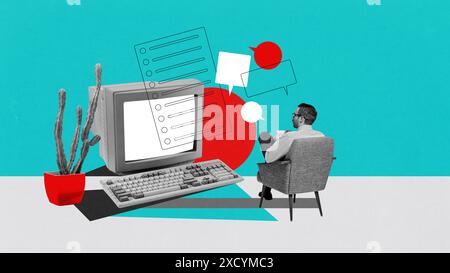 Geschäftsmann im Anzug, der im Sessel sitzt und auf dem Computermonitor mit To-do-Liste, Plänen und Strategien schaut. Zeitgenössische Kunstcollage. Stockfoto