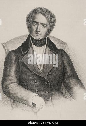 Juan Alvarez de Mendizábal (1790-1853). Spanischer Politiker und Finanzier, der in der spanischen liberalen Revolution große Bedeutung hatte. Im Juli 1835 wurde er vom Grafen von Toreno zum Finanzminister ernannt, von dem er die Beschlagnahme der Besitztümer der katholischen Kirche förderte. Hochformat. Zeichnung von José Cuevas. Lithographie. Historia de la guerra Civil y de los partidos liberal y carlista (Geschichte des Bürgerkriegs und der liberalen und karlistischen Parteien), von Antonio Pirala. Band II. Madrid, 1868. Autor: José Cuevas (1844-ca. 1929-1930). Spanischer Künstler. Stockfoto