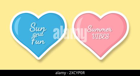 Herzen mit Sommerinschriften auf gelbem Hintergrund. Aufkleber mit farbigen Herzen mit Schatten. Stock Vektor