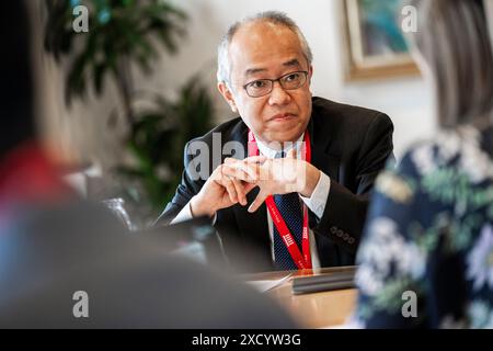 Kopenhagen, Dänemark. Juni 2024. Kotaro Ishi, Missionsleiter der Artikel-IV-Mission, als internationaler Währungsfonds, IWF, hält am Mittwoch, den 19. Juni 2024, in der Nationalbank in Kopenhagen eine Pressekonferenz über die wirtschaftliche und finanzielle Entwicklung Dänemarks ab. (Foto: Ida Marie Odgaard/Ritzau Scanpix) Credit: Ritzau/Alamy Live News Stockfoto