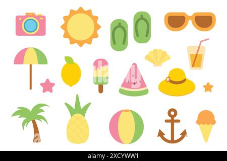 Eine Sammlung von Symbolen im Sommer, darunter eine Sonnenbrille, eine Kamera, ein Hut, ein Sonnenschirm und eine Wassermelone Stock Vektor