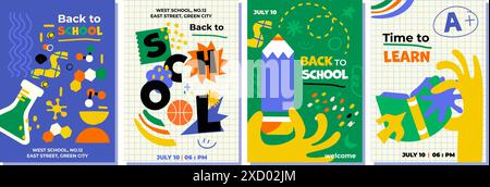 Set abstrakter Plakate mit Schulbedarf. Perfekt für Werbung in sozialen Medien, Druck, Flyer, Postkarten und vieles mehr Stock Vektor
