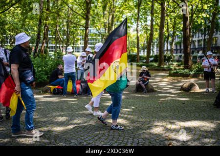 Stuttgart, Deutschland. Juni 2024. Fußball, Europameisterschaft, öffentliche Sicht Deutschland - Ungarn. Deutschland-Fans laufen mit Fahnen durch den Stadtgarten. Quelle: Christoph Schmidt/dpa/Alamy Live News Stockfoto