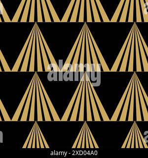 Abstraktes geometrisches Muster mit Dreieck auf schwarzem Hintergrund. Ein nahtloser Vektorhintergrund. Grafisches, modernes Muster. Schwarz-goldenes Muster. Stockfoto