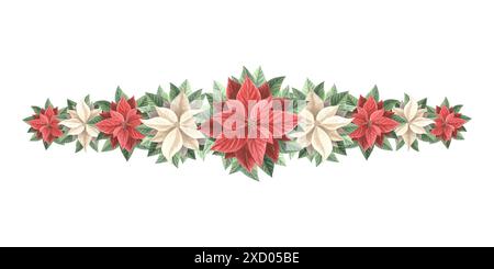 Weihnachtsstern rot-weiß Blumengirlande. Weihnachtsstern, Winterpflanzen im Vintage-Stil. Handgezeichnetes Aquarell-Illustration Urlaub Design. Isoliert Stockfoto