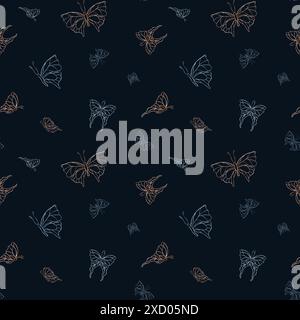 Goldene und silberne Doodle-Schmetterlinge. Fliegende Schmetterlinge. Das nahtlose Muster abstrakter tropischer Insekten. Strichgrafik, flach. Aquarellabbildung Stockfoto