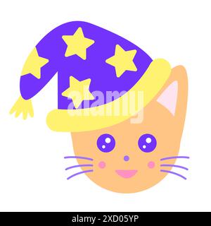Niedlicher Katzenkopf in einem Zauberhut, magisches Element der Kinder im kawaii-Zeichentrickstil, Vektor-Illustration Stock Vektor