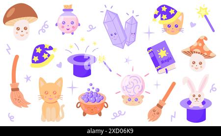 Set aus verschiedenen magischen Elementen für Kinder, Vektorillustration im Kawaii- und Cartoon-Stil Stock Vektor