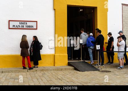 Sevilla, Spanien. 7. Februar 2024: Besucher stehen an, um die Stierkampfarena plaza de toros in sevilla, spanien, zu betreten Stockfoto