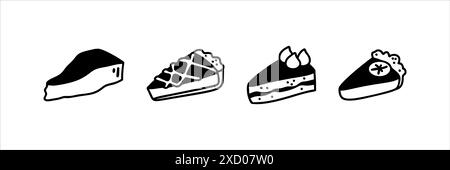 Kritzelkuchen- und Tortenscheiben-Set. Umreißen Sie handgezeichnete Symbole. Schokolade, Zitrone, Apfel, Käsekuchen, san Sebastian Dessert. Geburtstags- und Hochzeitsplaneleme Stock Vektor