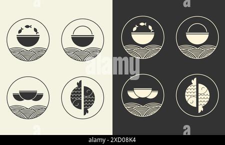 LOGO Icon Fisch und Nudeln Restaurant isolierte Vektor-Illustration, minimales Design. Seafood, asiatisches Café-Set. Vektorabbildung EPS10 Stock Vektor