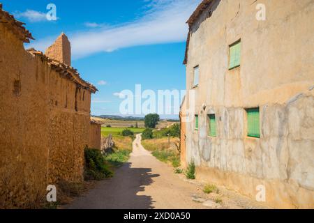 Fassaden von Häusern in Ruinen und Pfad. Aguilera, Provinz Soria, Castilla Leon, Spanien. Stockfoto