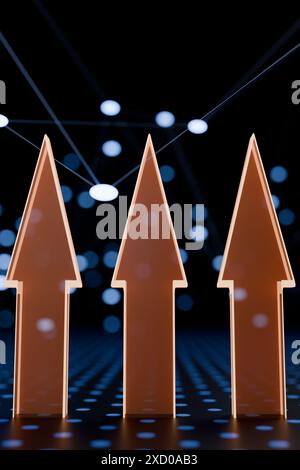 Drei Aufwärtspfeile mit digitalem Netzwerkhintergrund. 3D-Rendering Stockfoto