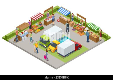Isometrische Landwirte verkaufen eine Auswahl an ökologischem Obst und Gemüse auf einem Bauernmarkt. Gemüse, faires Essen. Verkäufer und Marketing Stock Vektor
