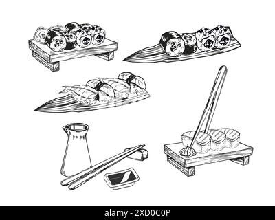 Set-Vektor-Illustration des japanischen Essensthemas mit Brötchen, Sushi, Sashimi, Sojasauce, Essstäbchen, handgezeichnete einfarbige Skizze von Meeresfrüchten, Rahmen Stock Vektor