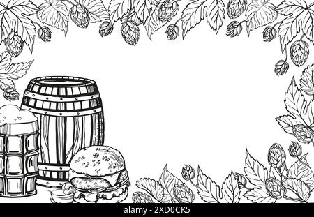 Hand gezeichneter Vektorrahmen mit Skizze des Holzfasses für Bier, Bierglas, Burger, Hopfenpflanze, Blätter und Knospen, schwarz-weiß-Illustration von Bier Th Stock Vektor
